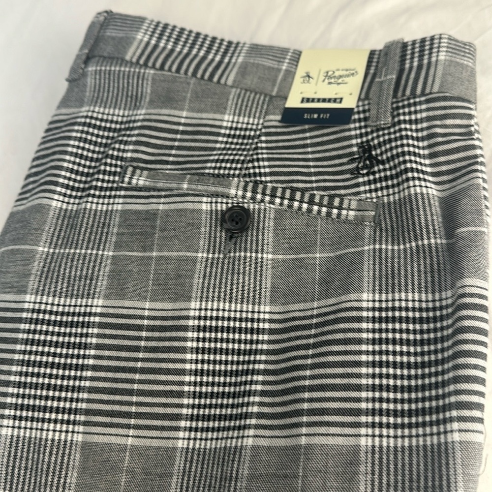 Slim Fit Stretch Black & White Plaid Trousers 36 x 32